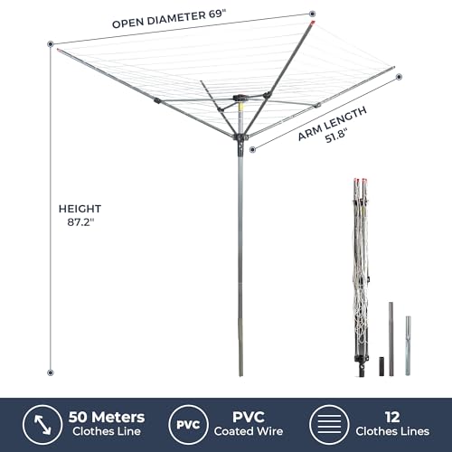 Image of STO STO Umbrella Clothesline Outdoor Drying Rack, 164 Feet Rotary Clothes Drying Rack with Adjustable Height, Folding Laundry Line with Metal Ground Spike for Backyard, Patio, Garden, Heavy Duty