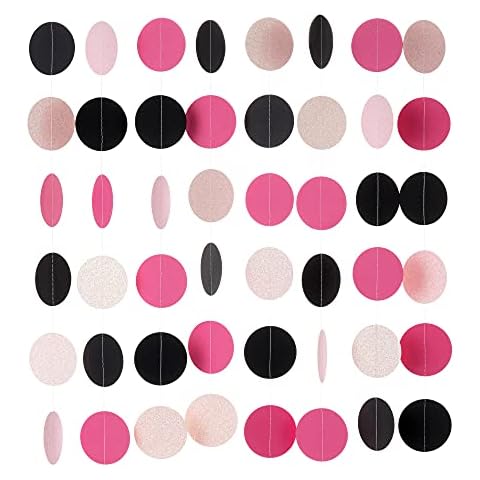 WEVEN Hot Pink Black Iridescent Glitter Paper Garland Circle Dot Streamers Party Banner for Birthday Decorations Supplies, 2.5" in Diameter, 20 Feet in Total Cover