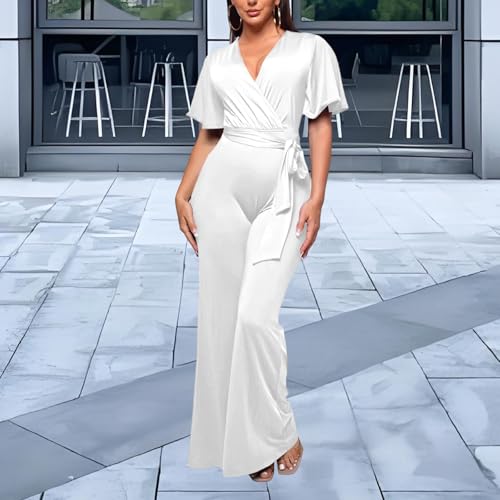 Image of PaladMom Womens Elegant Plus Size Jumpsuits Sexy Back zipper Short Sleeve Mid Waist Wide Leg Straight Rompers