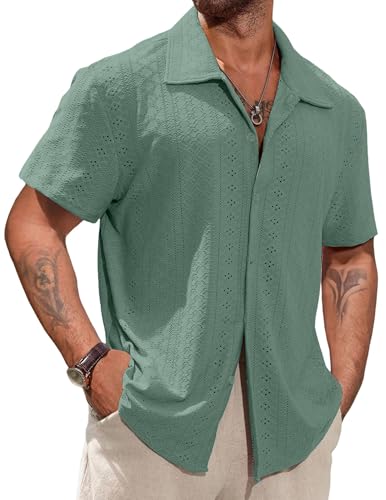 Vssjavun Mens Short Sleeve Button Down Shirts Casual Hollow Out Summer Beach Shirt