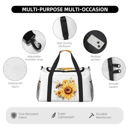 Duffle Bag Watercolor Bees Sunflower Travel Duffel Bags for Men Women with Adjustable Strap Carry on Gym Bag Overnight Weekender Bag4