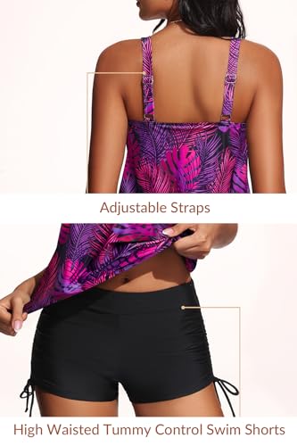 Image of Yonique Blouson Tankini Swimsuits for Women 2 Piece Bathing Suits Tops with Boyshorts Modest Loose Fit Swimwear