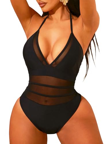 TZLDN Badeanzug Damen Sexy V Ausschnitt Nechholder Badeanzüge Mesh Bademode mit Cups Strand Schwimm Swimsuits Schwarz M