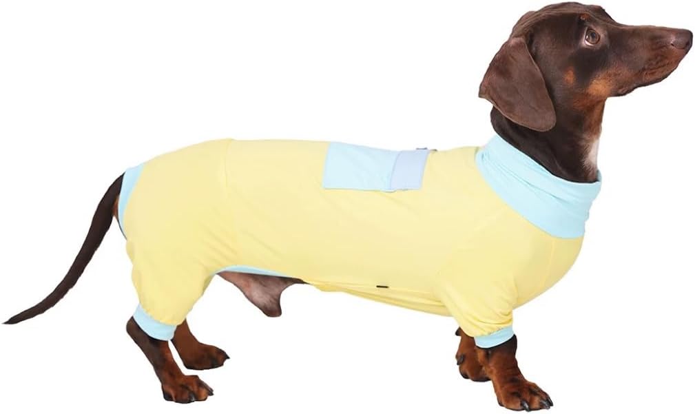 Dachshund Dog Cooling Shirt, Breathable Summer Cooling & Quick-Dry Shirt for Small and Medium Dogs, Lightweight 4-Leg Summer Outfit with Back Pocket (Yellow,X-Large (19-22lbs))