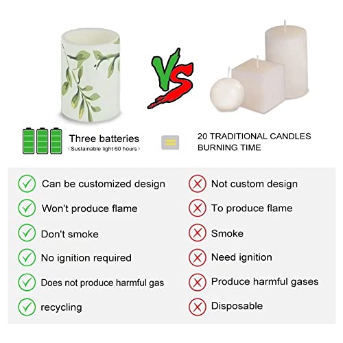 Image of Green Leaves Flameless Candles Battery Operated Candles Set of 4 with 18-Key Remote Control Timer Dancing Flame Pillar Candles for Home Beach Hotel
