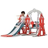 Aneken Toddler Slide and Swing Set, 4 in 1 Climber Slide Playset with Basketball Hoop, Kids Climber with Slide and Swing for Toddlers, Home and Backyard Use (Red)