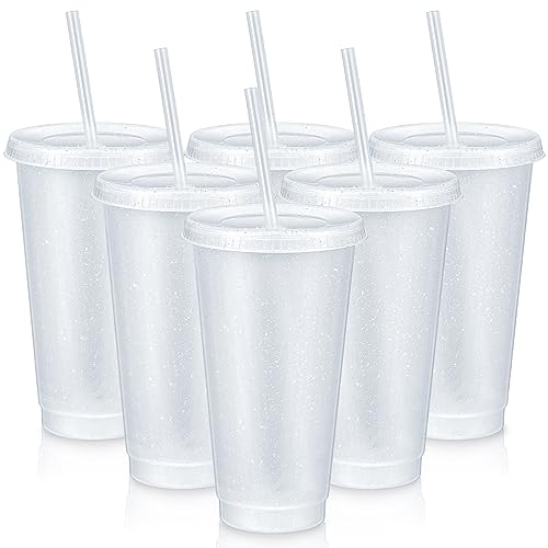 Uiifan 6 Pcs 24 oz Reusable Tumbler with Lids and Straws Plastic Iced Coffee Tumbler Glitter Travel Mug Cup for Smoothie Juices Birthday Party Cold Drink Coffee Cup Bulk for Adult Kid Women (Clear)