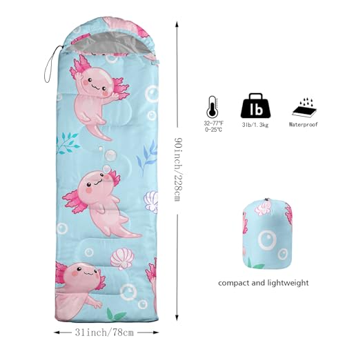 Image of QOOMO Axolotl Cute Camping Sleeping Bags,3 Season Warm & Cool Weather,Lightweight,Waterproof Sleeping Bags for Adults & Kids,Traveling,and Outdoors