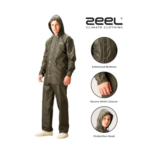 Image of ZEEL Rain Coat For Men with Adjustable Hood, Polyester Waterproof Full Sleeves Raincoat, Top and Bottom Set Rainwear, Front Zip with Flap, Lightweight Raincoat (EWF74, Olive, XL)