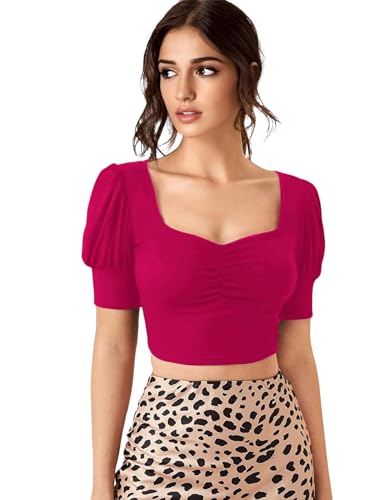 Image of Sweetheart Neck Ruched Front Puff Sleeve /Half Sleeve Streachable Solid /Plain Slim Fit Crop top for Women | Women's Slim FIT Crop TOP | Tops for Women