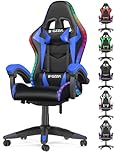 bigzzia Gaming Chair with RGB Computer Chair with Light Reclining PU Leather Video Game Chair with Headrest Adjustable Lumbar Support (With RGB led, Black/Blue)