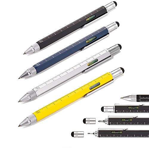 Shulaner 6 in 1 Multifunction Tech Tools 0.7mm Black Ink Ballpoint Pen with Ruler Level Stylus and Two-Head Screwdriver for Men or Women Pack of 4