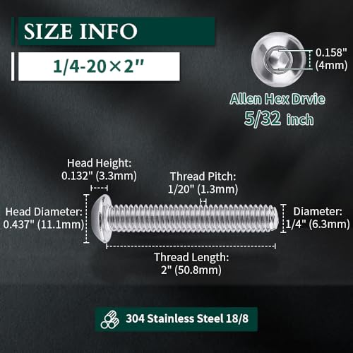 Image of 1 /4-20 x 2 Button Head Socket Cap Bolts Screws, 304 Stainless Steel 18-8, Allen Hex Drive, Bright Finish, Fully Machine Thread, Pack of 25