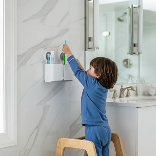 Image of Amazon Basics Toothbrush and Bathroom Organiser | Wall-Mounted | Self-Adhesive with Drain Tray | White | Plastic | 21L x 8W x 19H cm