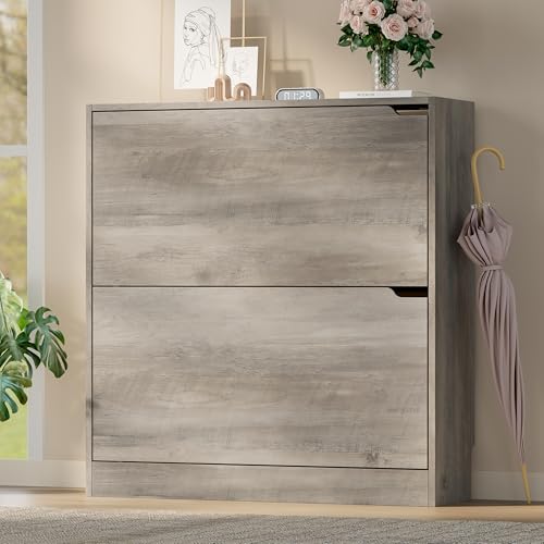 Image of BORNOON Shoe Cabinet with 2 Flip Drawers, Slim Narrow Shoe Storage Cabinet, Freestanding Shoe Organizer with Adjustable & Removable Shelves, Top Display Shelf for Entryway, Hallway, Foyer, Closet