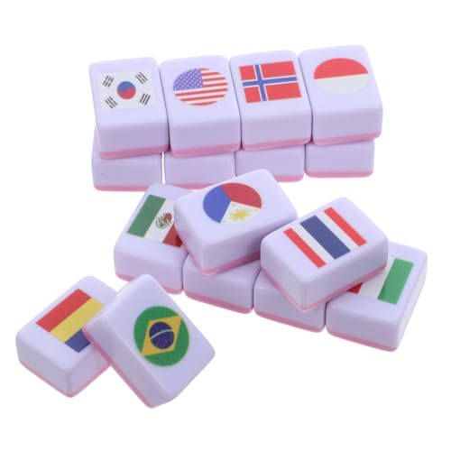 KOMBIUDA 64 Stück Teiliges Mahjong Spielset mit Melamin-Fliesen Zweispieler Flaggen-Matching Spiel Tragbares Brettspiel für Familie Pädagogisches Geographie Lernspiel für Reise und Party