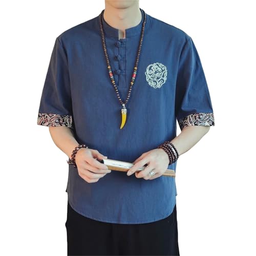 T-shirt chinois brodé en coton et lin pour homme : élégance traditionnelle d'été