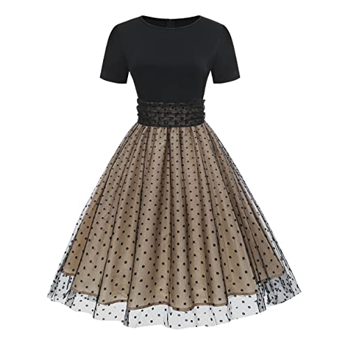 Wellwits Women's Ruched Polka Dots Mesh Bridesmaid Cocktail Vintage Dress