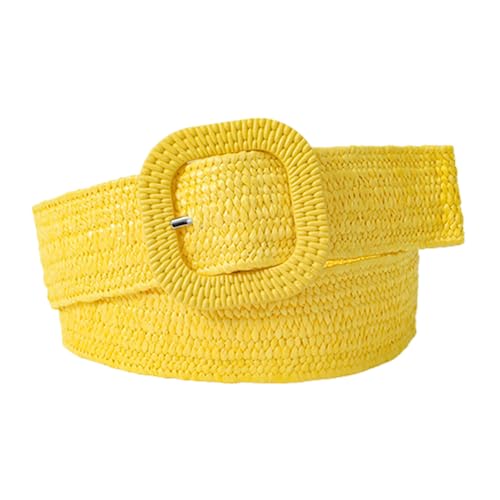 Women's Candy Colors Braided Stretch Belts Casual Woven Straps Wide Elastic Waistband with Square Wooden Print Buckle(90cm/35.4