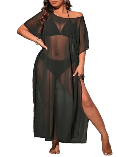 Floerns Women's Plus Size One Shoulder Sheer Mesh Split Thigh Loose Coverup Dress