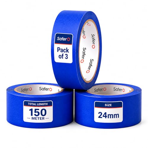 Image of Safero Pack of 3 Blue Masking Tape for Painting 24mm X 50 Meter | UV Resistance Painter Tape used by Master Painters, Car Painters and artists | Strong Sticky Sharp Edge Tape for Decorating & DIY