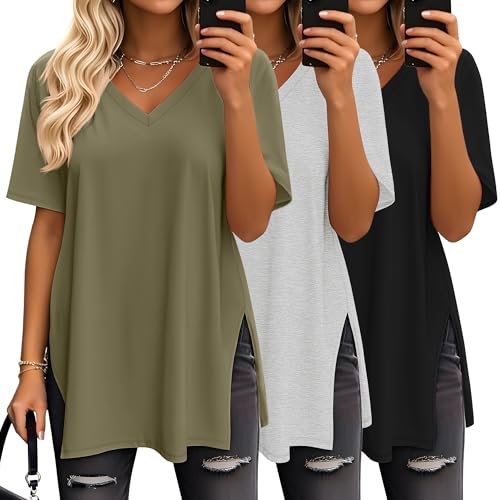 Huukeay 3 Pack Oversized Shirts for Women V Neck Workout T Shirt Casual Side Split Tee Short Sleeve Loose Tops Tunic Tops