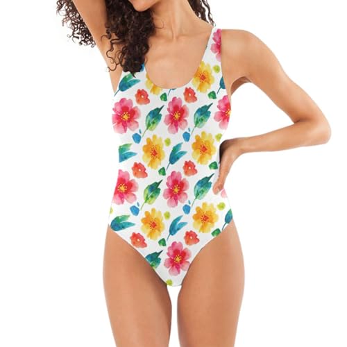 Maillot de bain femme dos en U à motif fleurs aquarelle vives