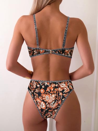 Image of Fanuerg Women's Triangle Bikini Sets O Ring Linked Two Piece Swimsuits Floral Printed Cheeky Bathing Suit