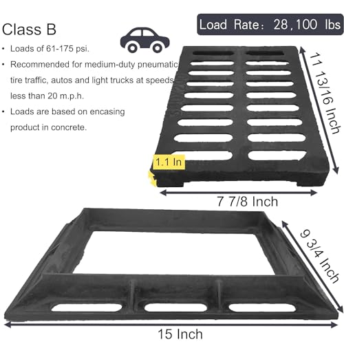 image for MASSLUNT Cast Iron Drain Grate and Frame 12x8 in, B-Class 28100 lbs He