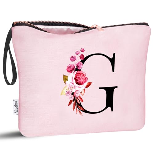 Image of Vavabox A-Z Personalized Makeup Bag, Birthday Gifts for Women Mom, Gifts for Best Friend, Bride Bridesmaid Cosmetic bag (G, Pink)