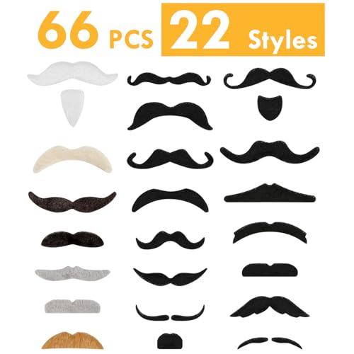 MOWPOG 66 PCS Novelty Fake Mustache Self Adhesive Beard, Costume Mustaches Stickers for Cosplay, Party Accessories, Halloween, Christmas, Funny Fake Facial Hair Mustaches for All Age (22 Classic)