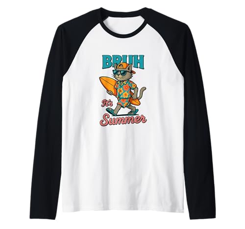 Bruh It's Summer Cat con tavola da surf Beach Fun Maglia con Maniche Raglan