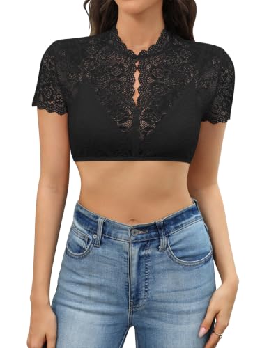 Zeagoo Dirndlbluse Schwarz 40 Damen Spitze Stehkragen Kurzarm Dirndl Bluse Transparent zum Knöpfen Trachtenbluse Elegant für Oktoberfest Bierfest
