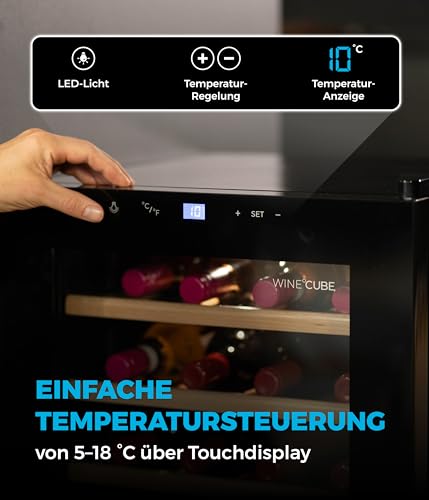 °CUBES Weinkühlschrank 28 Flaschen (90L) mit eleganter Glastür & hochwertigen Regalen aus Buchenholz | 5-18°C, vibrationsarm & leise (40dB) | Weinschrank mit LED Display - Tolles Geschenk
