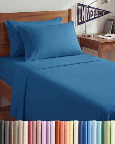 Image of Twin XL 4 Piece Sheet Set - College Dorm Room Essentials - Denim Blue | Ultra Soft Dorm Bedding Set, 8 inch to 16 inch Inch Deep Pockets, 1 Flat & 1 Fitted Sheet & 2 Pillowcases, Wrinkle & Fade Free