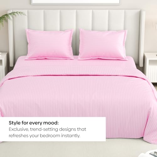 Image of Rivermoor Pink Satin Stripe Bedsheets for Double Bed | Ultrasoft Bed Sheet with 2 Pillow Covers | Queen Size Bed Sheet | Breathable & Hypoallergenic | 90 x 98 Inches