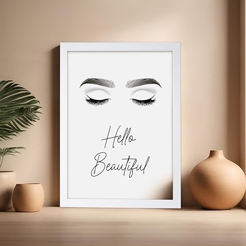 Image of Poster Master Fashion Poster - Hello Beautiful Print - Trendy Art - Modern Art - Minimal Art - Gift for Men, Women & Fashionista - Glam Decor for Dorm, Living Room or Bedroom, 16x20 White Framed