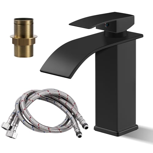 Robinet Mitigeur Lavabo Salle de Bain Robinet Lavabo en Acier Inoxydable Conomie d'Eau & Anti-Éclaboussures Mitigeur Monotrou avec Conduites d'Eau Chaude et Froide Mitigeur (Noir)