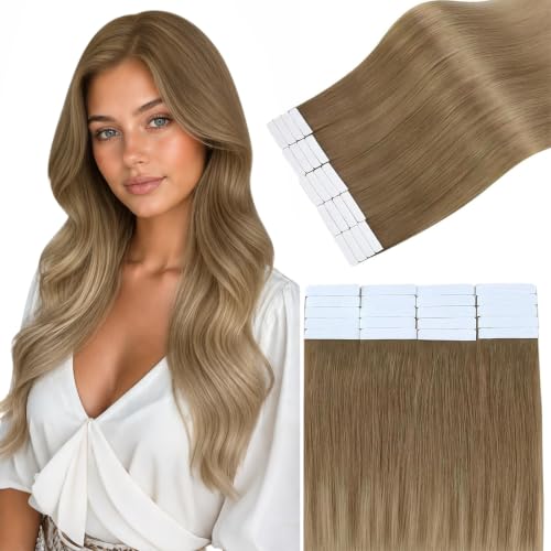 Image of Easyouth 24 Inch Tape in Hair Extensions Human Hair Ombre Tape Hair Extensions Real Human Hair Balayage Golden Brown Mix Blonde Seamless Tape in Hair Extension for Long Hair 50g 20pcs