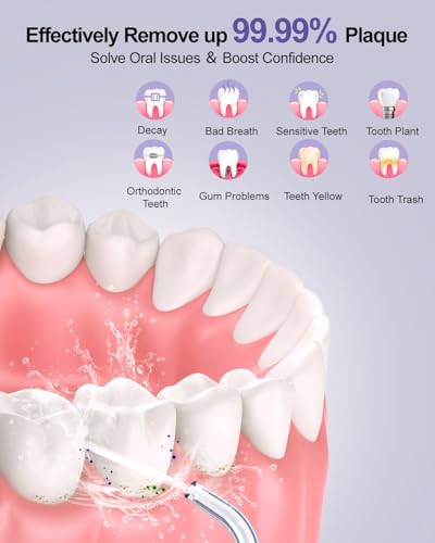 Munddusche Kabellos Elektrischer Zahnreiniger, Sejoy Zahndusche Water Flosser 5 Modi & 6 Düsen USB-C Wiederaufladbare Wasser Flosser IPX7 Wasserdicht, 280ML Wassertank Mund Reiniger (Lila) – Bild 3