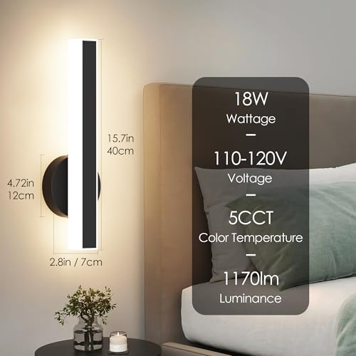 Image of Aipsun Black Wall Sconce Hardwired Modern LED 18W Wall Sconce Set of Two, 15.7Inches Wall Lights for Living Room Bedroom Hallway 5CCT