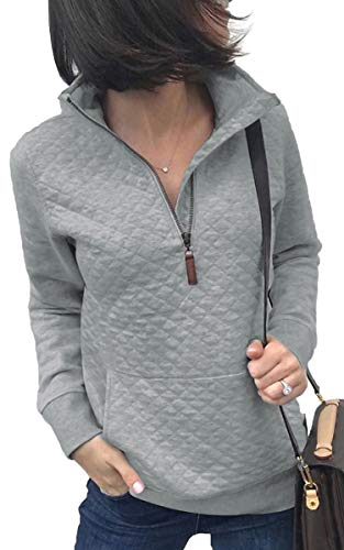 ECOWISH Women Long Sleeve Zipper Sweatshirt Soft Pullover Solid color Top with Pockets Light Grey Medium