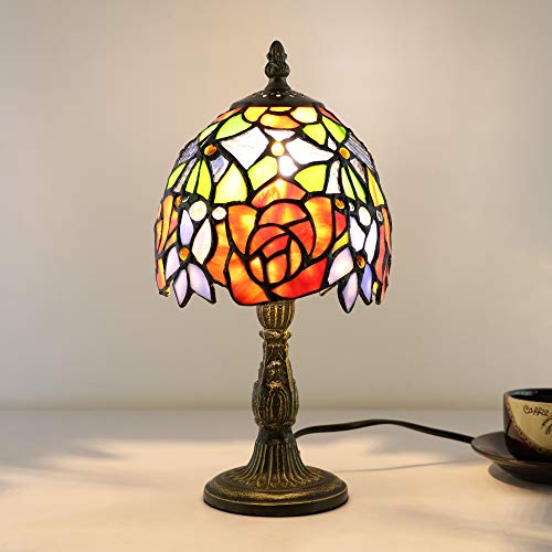 Tiffany-Stil Tischlampe 6 Zoll, E14 Vintage Glasmalerei Mini Nachtlicht, Rote Rose Blume Nacht Schlafzimmer Schreibtischlampen für Wohnzimmer(Ohne Glühbirnen) – Bild 4