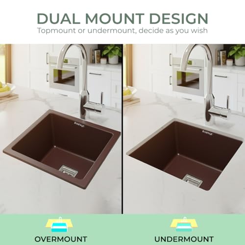 Image of BASINQU Quartz Sink for Kitchen | 18x16x9 Inches Brown Single Bowl Kitchen Sink | Granite UV Protected, Granite Scratch Resistant, Undermount /Topmount