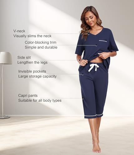 CF 100% Cotton Womens Pajama Sets for Women 2 Piece Pj Sets Sleepwear Lounge Set Short Sleeve Shirt and Capri Pants3