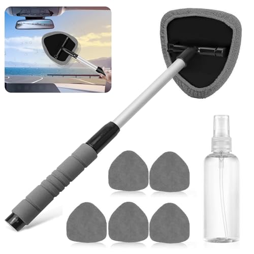 Lunyloer Car Window Cleaner Kit, Car Windscreen Cleaner, 180° Swivel Windscreen Cleaner Tool with 5 Reusable Microfiber Pads and 1 Spray Bottle for All Vehicles(Gray)
