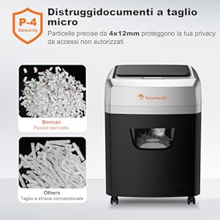 Bonsaii Distruggidocumenti con alimentazione automatica per 160 fogli, taglio a croce P-4, 60 minuti di funzionamento continuo, scatola di scarico da 23 litri, per uso ufficio C290-A