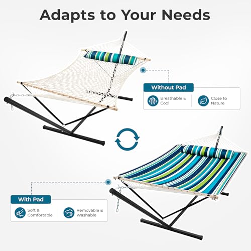 Image of SUPERJARE 12ft Double Hammock with Stand, Rope Hammock for 2 Person, Detachable Hammock Bed and Pillow, Portable, Anti-Tip Safety Ropes, Carry Bag, Outdoor Backyard Patio Camping, Dark Cyan