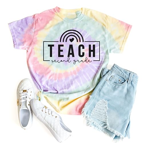 UYIQL Second Grade Teacher Shirt for Women First Day of 2nd Grade Shirt Back to School Gift Ranibow Graphic Top Tie Dye L