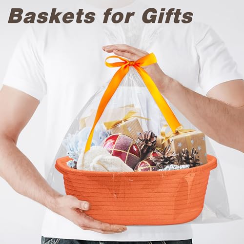 Image of Pro Goleem Small Woven Basket with Gift Bags and Ribbons Durable Baskets for Gifts Empty Small Rope Basket for Storage 12 inchX 8 inch X 5 inch Baby Toy Basket with Handles, Orange